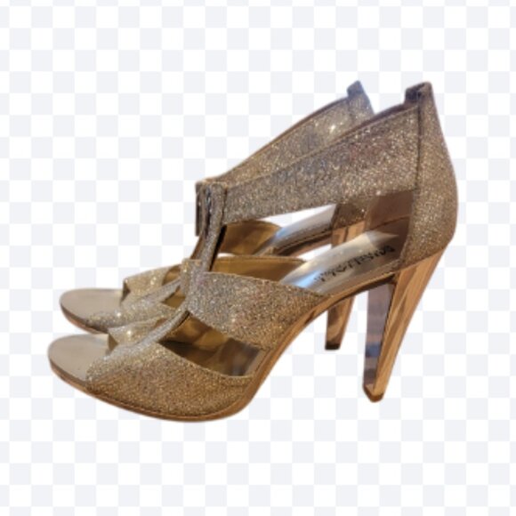 Michael Kors Berkley 4” High Heel Metallic Front Zip Sparkling Gladiator Sandals - Picture 1 of 13